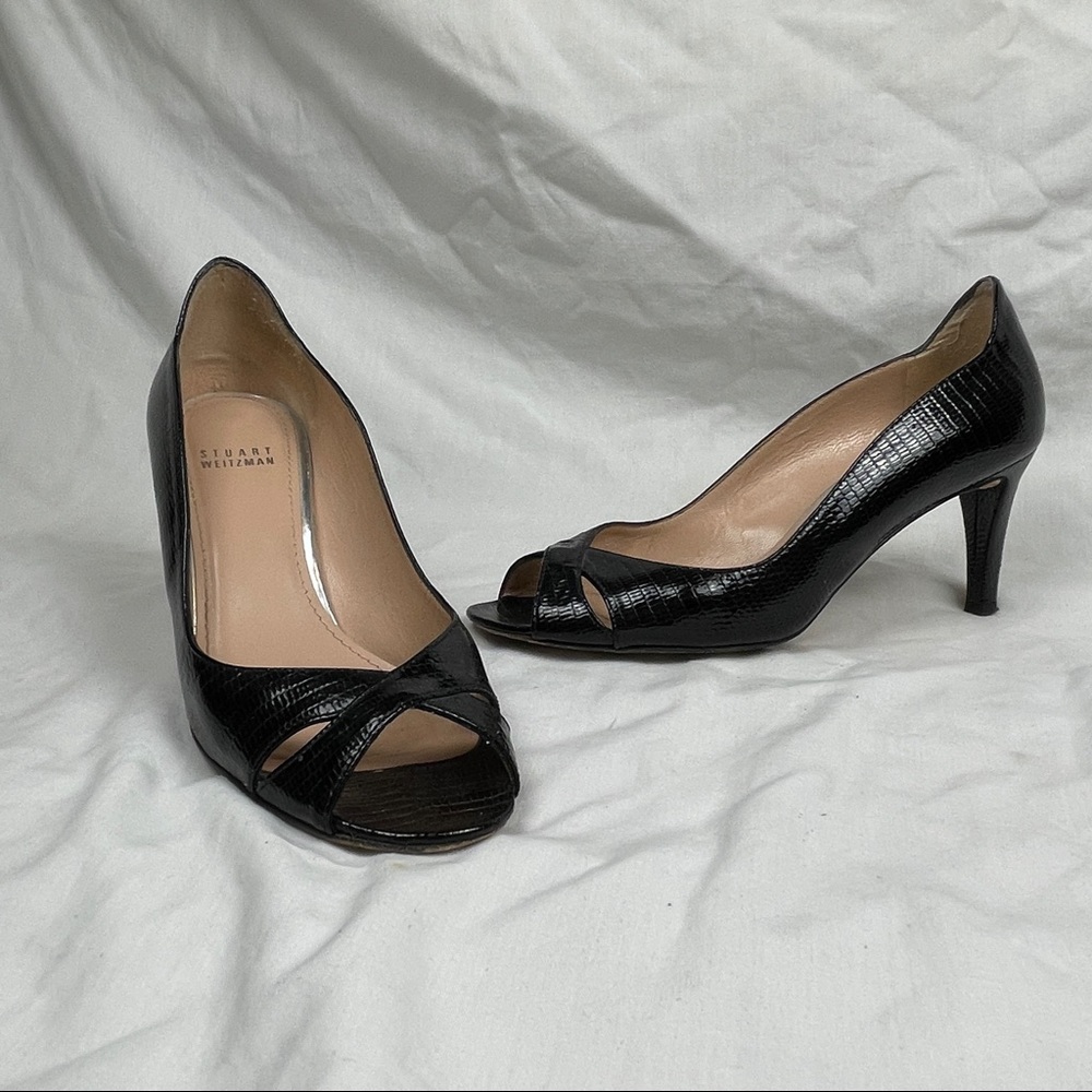 Stuart Weitzman Peep-Toe Textured Leather 2" Heels